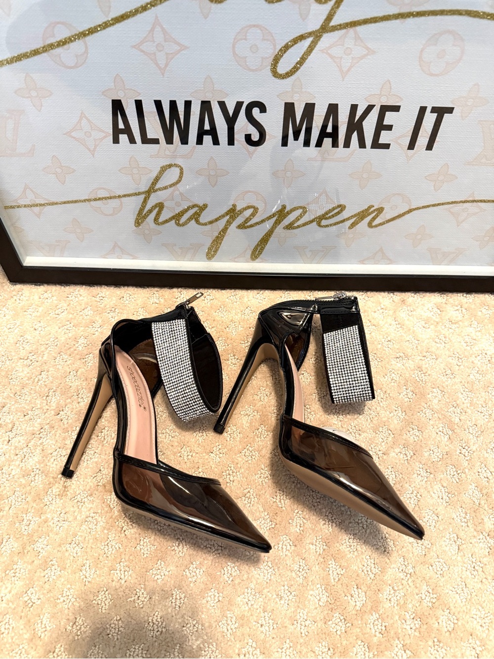 Shoe Dazzle Black Patent Pointed Stiletto Pumps with Rhinestone Ankle Cuffs